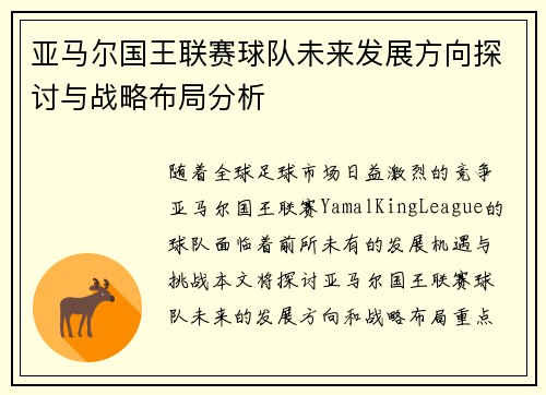 亚马尔国王联赛球队未来发展方向探讨与战略布局分析