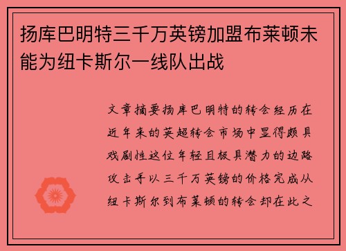 扬库巴明特三千万英镑加盟布莱顿未能为纽卡斯尔一线队出战