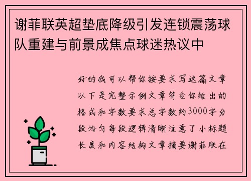 谢菲联英超垫底降级引发连锁震荡球队重建与前景成焦点球迷热议中