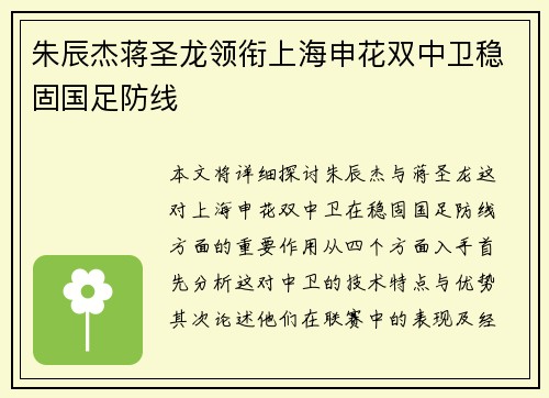 朱辰杰蒋圣龙领衔上海申花双中卫稳固国足防线
